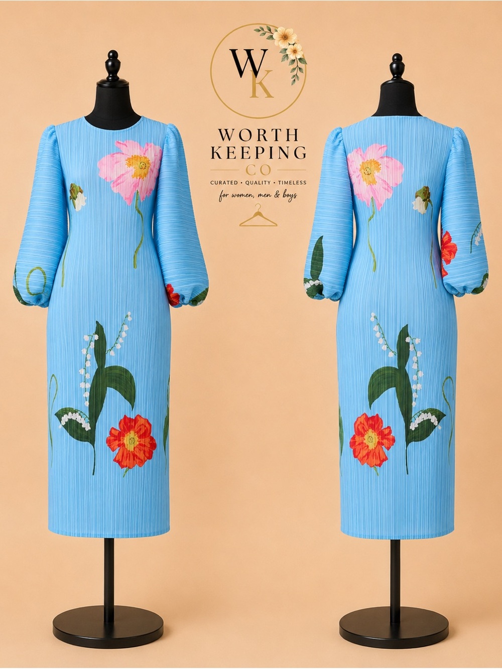 Nancy Yang Sky Blue Floral Long-Sleeve Midi Dress